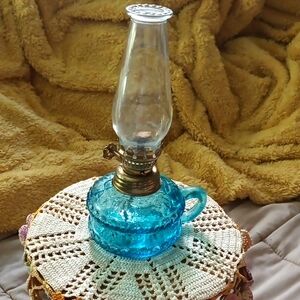 Vintage Hong Kong Metal Blue Glass Frosted Hurricane Shade 8 inch Oil Lamp